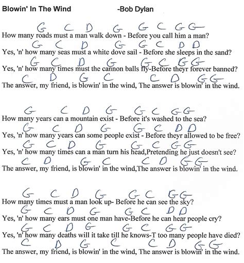 Blowing in the Wind (Bob Dylan) - G Major - Guitar Chord Chart - http ...