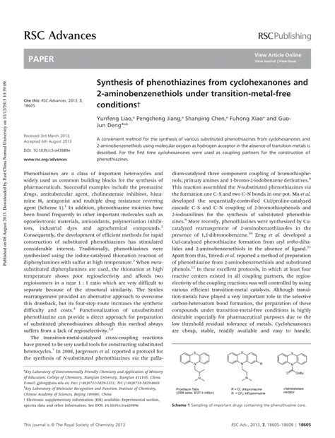 (PDF) Synthesis of phenothiazines from cyclohexanones and 2-aminobenzenethiols under transition ...