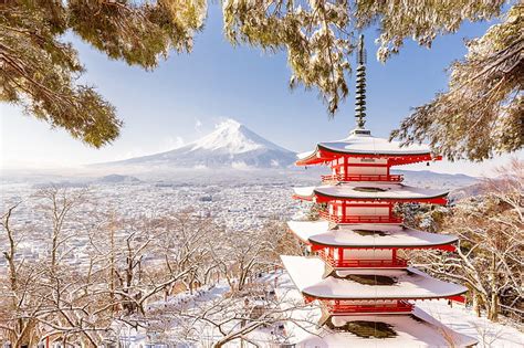 HD wallpaper: winter, mountain, Japan, pagoda, Fuji, snow, cold ...