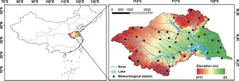 Locations of the study region, the Huai River basin, and the ...