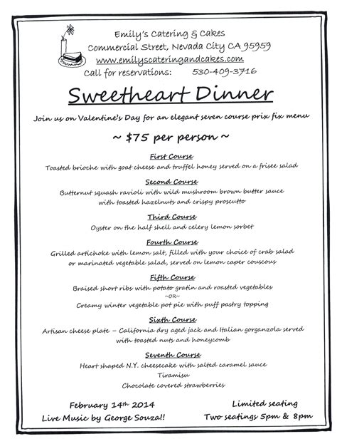 Emily's Catering Sweetheart Dinner, win a discount towards a 7 course meal on the Outside Inn's ...