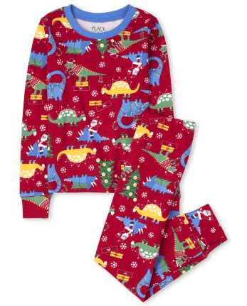 Unisex Kids Long Sleeve Christmas Dino Print Snug Fit Cotton Pajamas ...