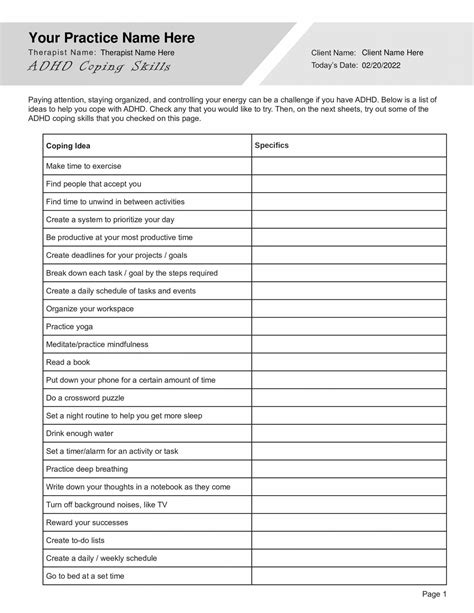 ADHD Coping Skills Worksheet PDF