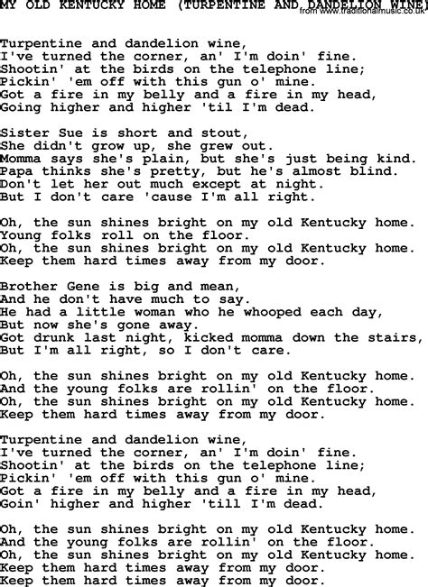 My Old Kentucky Home Lyrics Printable