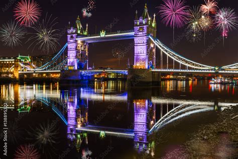 Tower Bridge with fireworks Stock Photo | Adobe Stock