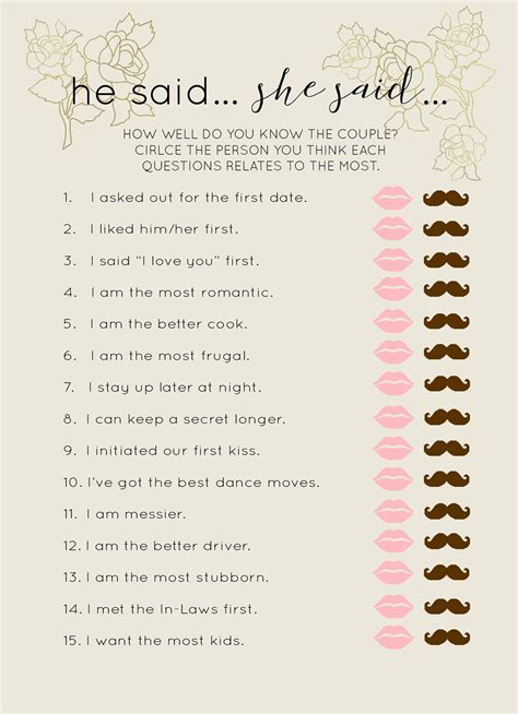 He Said She Said Bridal Shower Game Printable