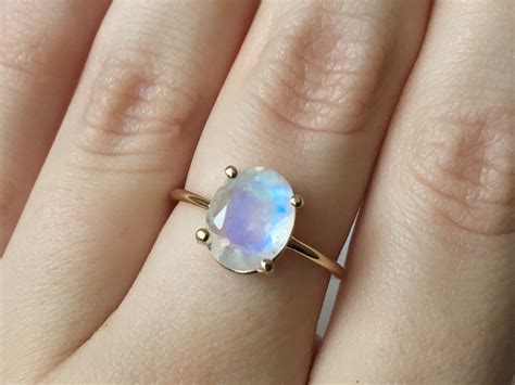 Gold Moonstone Ring, Moonstone Engagement Ring, Rainbow Moonstone Ring, 10x8 Oval Moonstone Ring ...