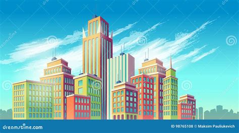 Vector Cartoon Illustration, Banner, Urban Background with Modern Big City Buildings Stock ...