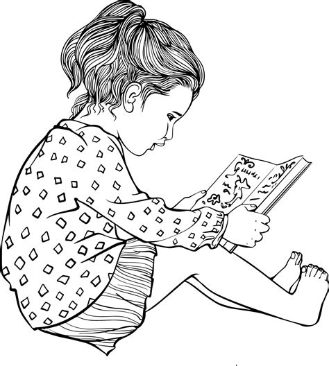 Girl reading a book sketch. Black and white vector drawing. For coloring and design books ...