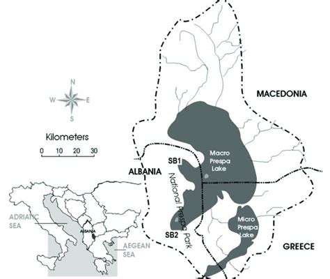 Map of Prespa Lakes. Note Sub-basin 1 (SB1) and Sub-basin 2 (SB2) in... | Download Scientific ...