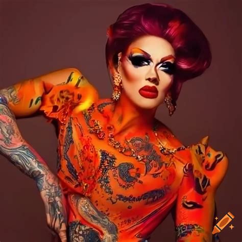 Outfit for a drag queen with tattoos, orange, red & yellow fluorescent makeup, glowing and ...