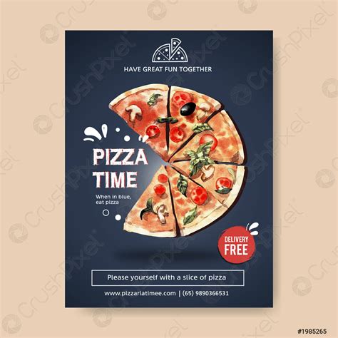 Pizza poster design with pizza watercolor illustration - stock vector 1985265 | Crushpixel