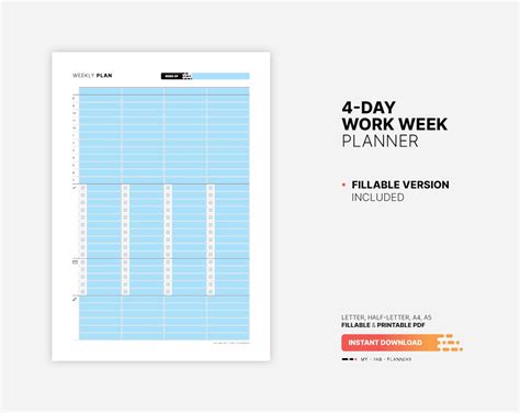 4-day Work Week Planner, Printable Productivity Action Plan Tracker ...