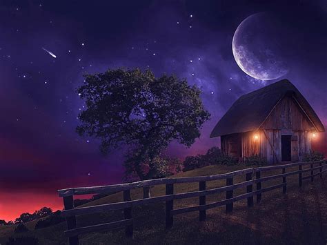 HD wallpaper: Artistic, Fantasy, Fence, Moon, Shed, Stars, Tree, night ...