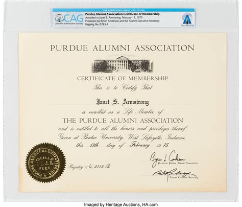 Purdue University: Janet Armstrong's Alumni Association Certificate ...