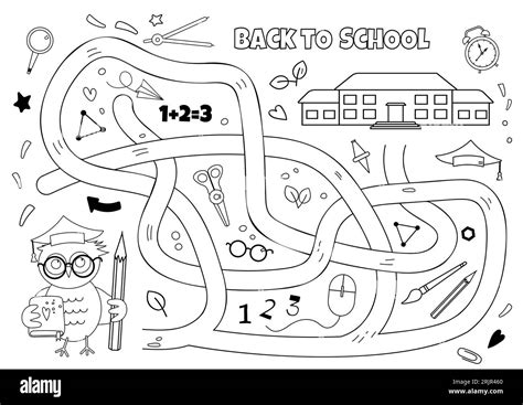 Vector maze coloring book isolated on white background. Help the owl get to school. Education ...