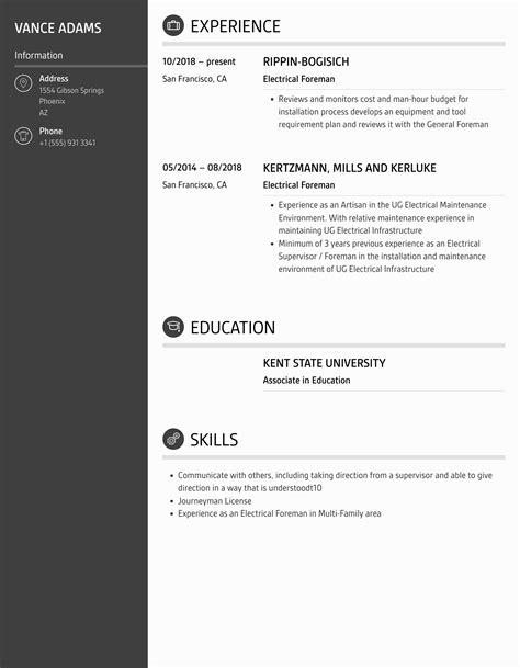 Electrical Foreman Resume Samples | Velvet Jobs