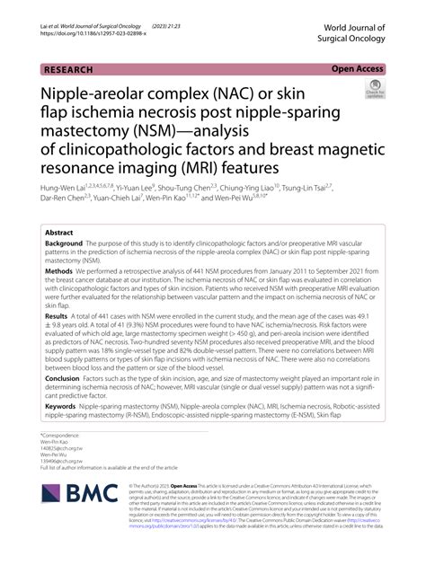 (PDF) Nipple-areolar complex (NAC) or skin flap ischemia necrosis post nipple-sparing mastectomy ...