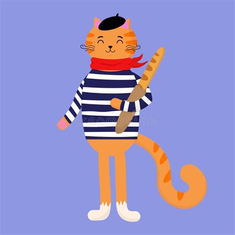 Cute Cartoon Illustration of a French Cat with Baguette Stock Illustration - Illustration of ...