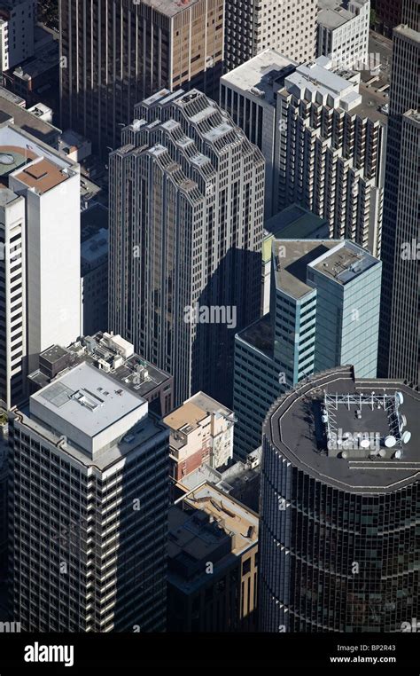 aerial view above skyscraper rooftops San Francisco California Stock ...