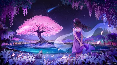 Cherry Blossom Tree At Night Wallpaper