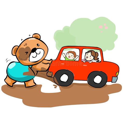 Cute Bear Help Car Stuck On Mud Stock Vector - Image: 56385693