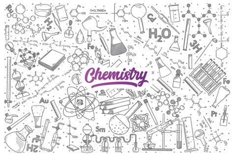 Hand Drawn Chemistry Doodle Set With Lettering Line Design Style Vector, Ring Drawing, Sign ...