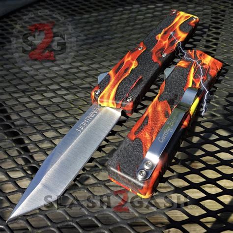 Lightning OTF Knife D/A Flame Fire Switchblade - Tanto Serrated – Slash2Gash