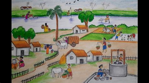 How to draw the scenery of village life easy|scenery of people busy in the village step by step ...