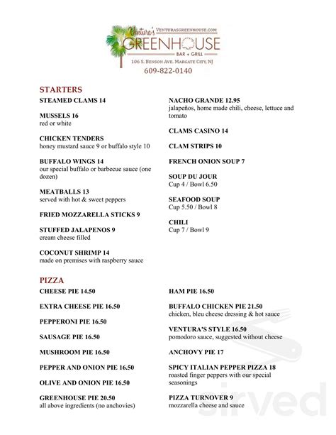 Ventura's Greenhouse Restaurant menu in Margate City, New Jersey, USA