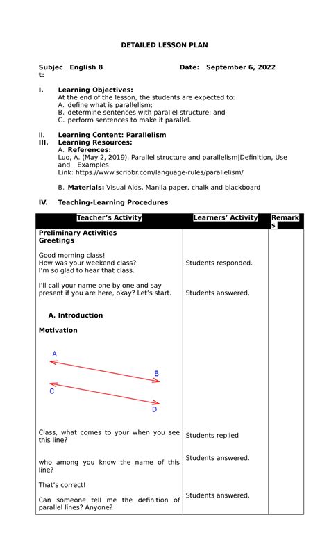 Parallelism Detailed Lesson PLAN - DETAILED LESSON PLAN Subjec t: English 8 Date: September 6 ...