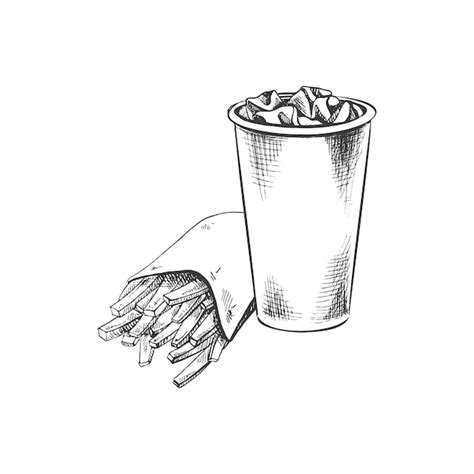 Premium Vector | Hand drawn sketch of french fries in a carton box and paper cup of cola with ...