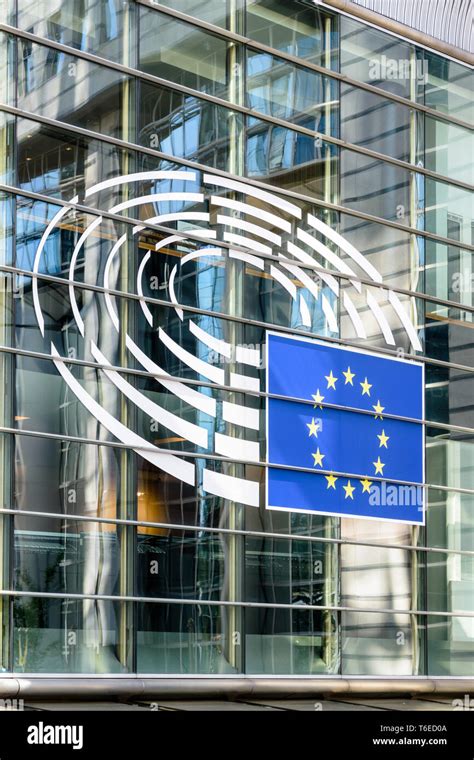 Close-up of the large logo of the European Parliament on the side of ...