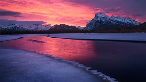 A winter sunrise and Mount Rundle, Vermilion Lakes, Banff National Park, Alberta, Canada ...