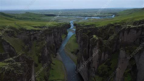 Aerial view of Fjadrargljufur canyon with waterfall, Iceland - Stock ...