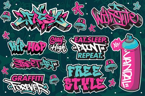 A set of colorful or vibrant graffiti art stickers. Street art theme, urban style for T-shirt ...