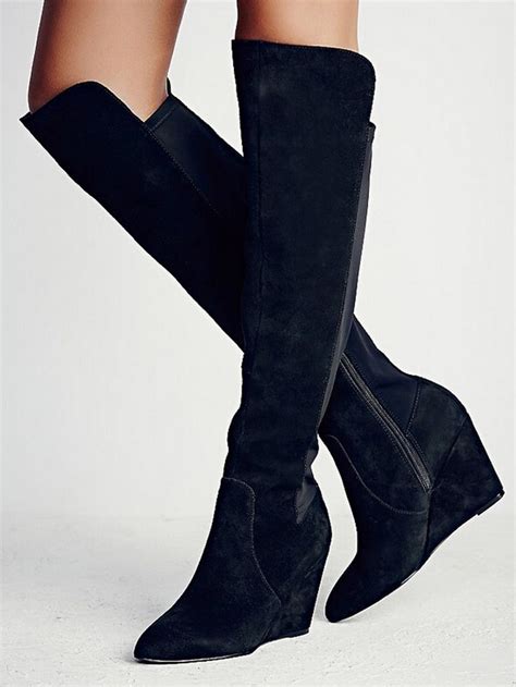 Black Suede Contrast Elastic Stretch Back Over-the-knee Wedge Boot - Choies.com | Boots, Boot ...