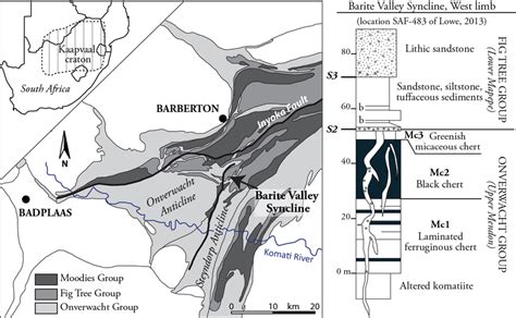 (Left) Simplified geological map of the Barberton Greenstone Belt and... | Download Scientific ...