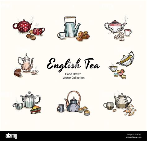 Teapots, cups, cookies hand drawn vector illustration in old style. Vector illustrations set for ...