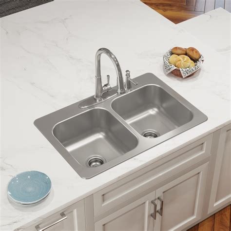 Elkay Dual-mount 33-in x 22-in Stainless Steel Double Equal Bowl 4-Hole Kitchen Sink in the ...