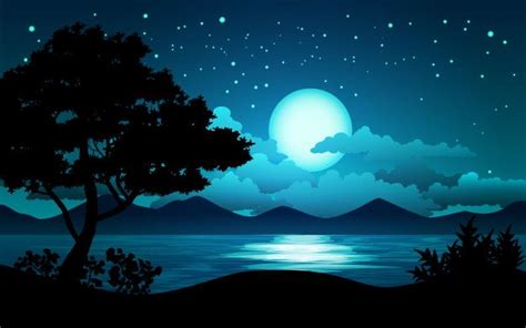 Premium Vector | Night landscape with lake and tree | Night landscape ...