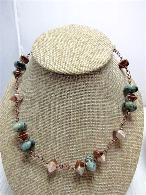 Rustic Necklace Green Zebra Jasper Raku Ceramic Copper Chain | Natural ...