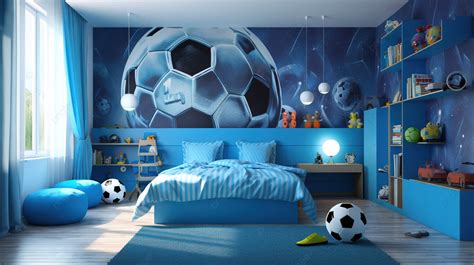 3d Render Of A Kids Room With Blue Football Decor Background, Lifestyle ...