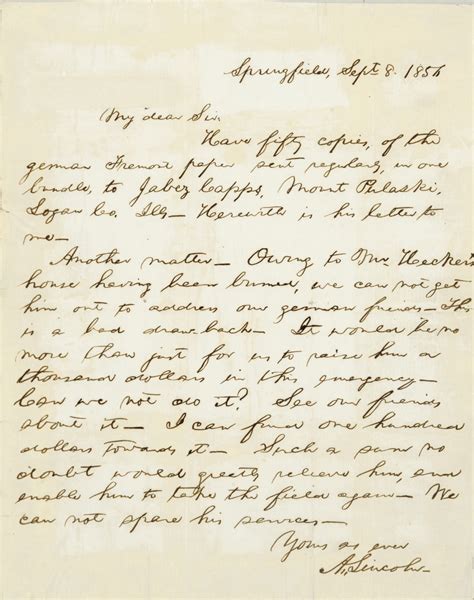 LINCOLN, Abraham. Autograph letter signed ("A. Lincoln") to Charles H ...