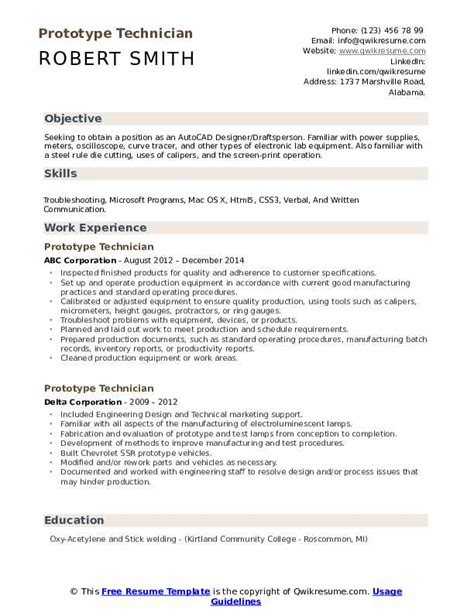 Prototype Technician Resume Samples | QwikResume