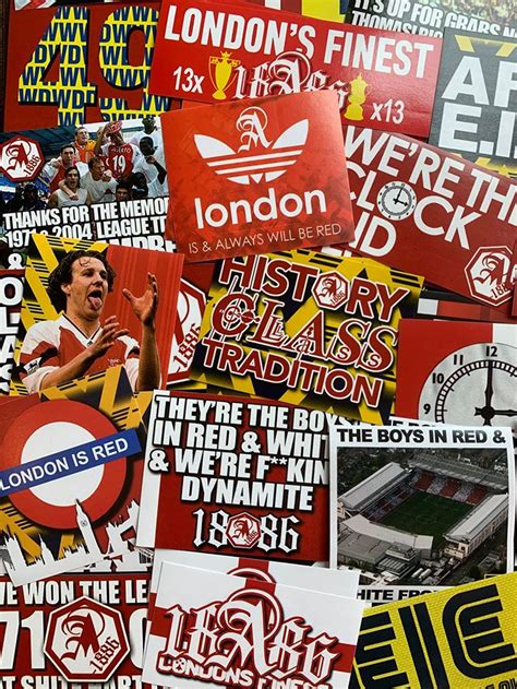 100 X Arsenal FC Stickers Based on Scarf Shirt Banner Programme Highbury Clock Poster Pin Badge ...