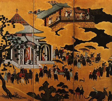 1593-1600.Kanō Domi. Screen with Barbarians from the South (detail). gold leaf, polychromy and ...