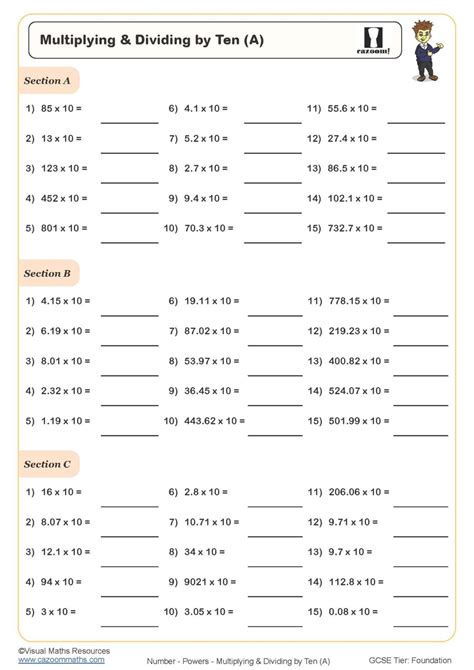 Multiplying and Dividing by Powers of Ten (A) Worksheet | Printable Maths Worksheets