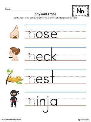 Say and Trace: Letter N Beginning Sound Words Worksheet (Color ...