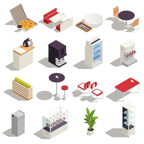 Premium Vector | Food court isometric isolated icon set everything you need for the interior and ...